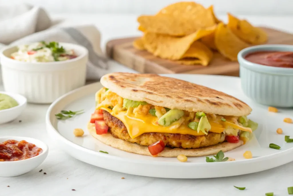 Cheesy gordita crunch served on a rustic wooden table with fresh toppings, melted cheese, and golden taco shells, styled with napkins and a small salsa bowl.
