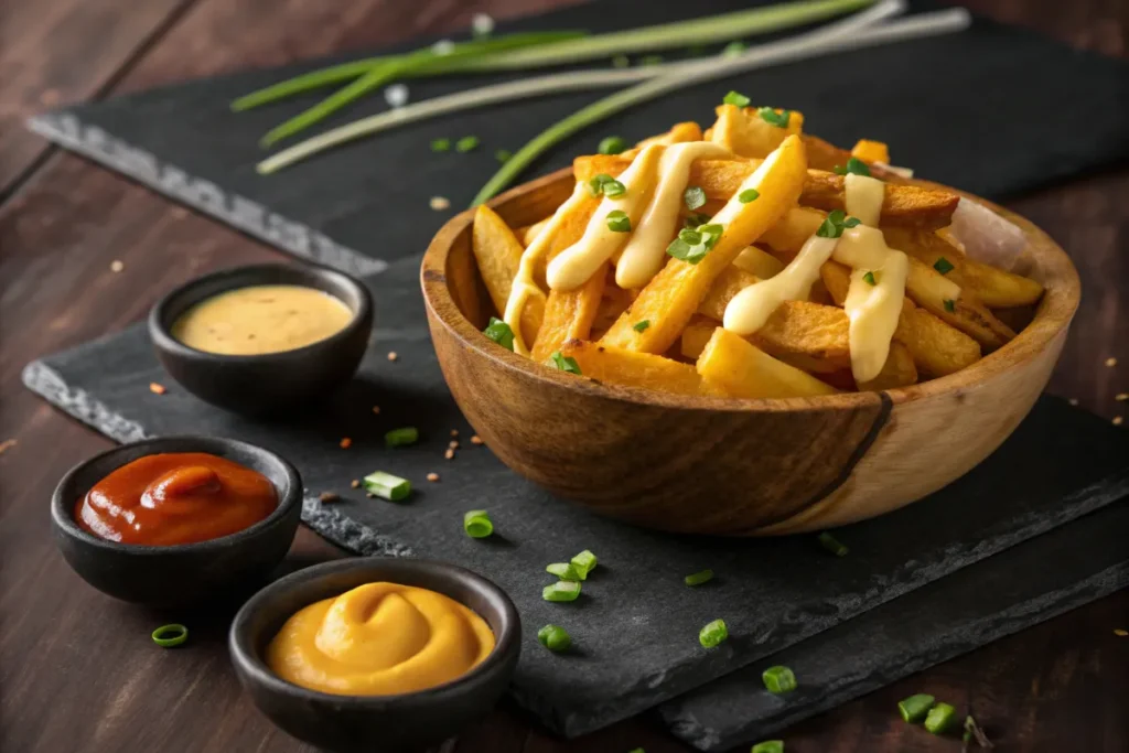 Golden Nacho Fries drizzled with cheese sauce, served in a wooden bowl with dipping sauces on a dark slate surface, garnished with green onions