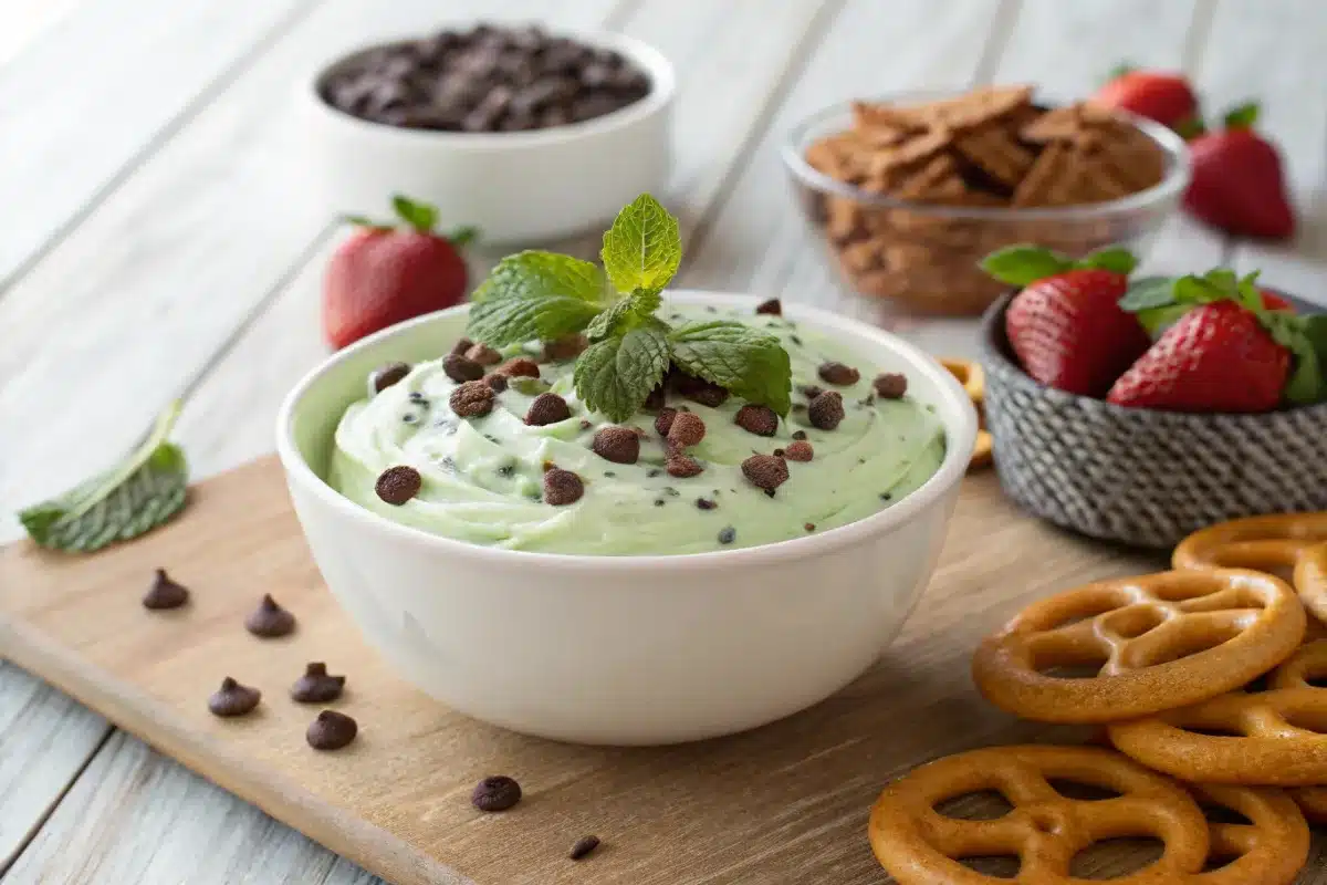 Green mint chocolate chip cheesecake dip served with cookies and pretzels